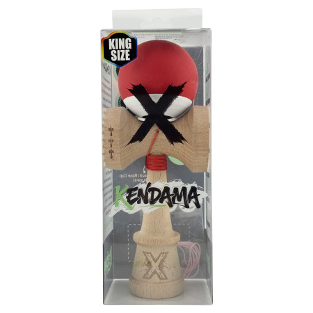 Kendama X Originala, Profesionala, Cyrax, Rubber Grip, Cupe Mari KING SIZE V3, Gaura in Baza, Rulment Metalic, din lemn 18 cm, Ata 62/65 cm, Bicolor Rosu/Alb