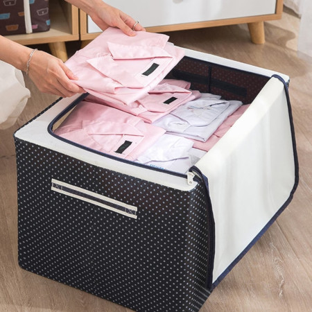 Cutie de Depozitare Pliabila,  Cu Fermoar, 66 L, Textil, 50 x 40 x 33 cm, Cadru Metalic, Suport Baza Stabil din Plastic, Imprimeu Buline, Albastru Marin