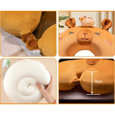 Perna de Calatorie in Forma de U,  Pentru Gat si Cap, Umplutura din Spuma cu Memorie, 30x30 cm, Model Capybara, Accesoriu de Voiaj, Birou, Masina, Sistem Prindere Capse, Maro