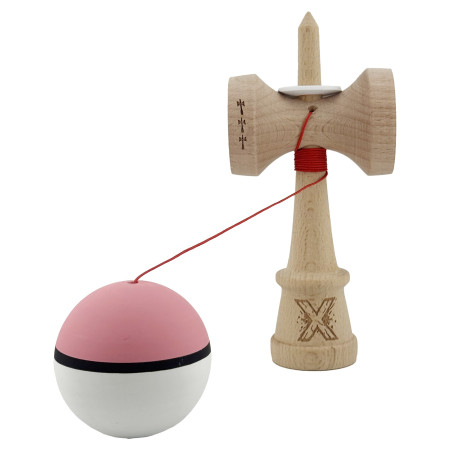 Kendama X Originala, Profesionala, Cyrax, Cupe Mari KING SIZE V3, Rubber Grip, Gaura in Baza, Rulment Metalic, din lemn 18 cm, Ata 62/65 cm, S Bicolor Roz/Alb