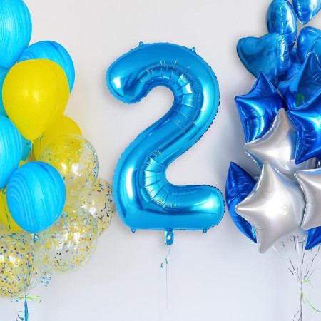 Balon din Folie Metalizata, Cyrax, Figurina Cifra, Tema Aniversare 100 cm, Ambalaj Individual, Pai inclus, Umflare cu Aer sau Heliu, Albastru, Cifra 2