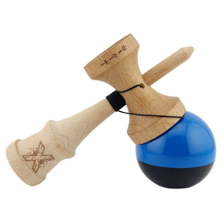 Kendama X Originala, Profesionala, Cyrax, Big Cups V2, Super Sticky cu Cupe Mari, Rulment Metalic, din lemn 18 cm, Ata 55 cm, Albastru/Negru