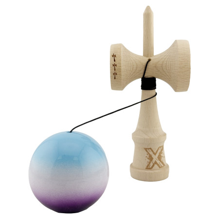 Kendama X Originala, Profesionala, Cyrax, Big Cups V2, Super Sticky cu Cupe Mari, din lemn 18 cm, Rulment Metalic cu Ata 55 cm, Albastru/Alb/Mov