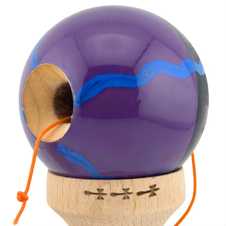 Kendama X Originala, Profesionala, Cyrax, Big Cups V2, Super Sticky Cupe Mari, Rulment Metalic cu Ata 55 cm, Negru Mov cu Linii