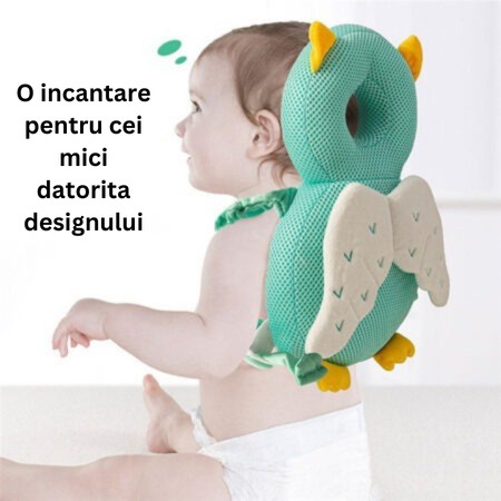 Perna tip Rucsac pentru Protectia Capului,  Tetiera tip Bufnita, Design tip Plasa, pentru Bebelusi, 33x6x19 cm, 180 g, Albastru