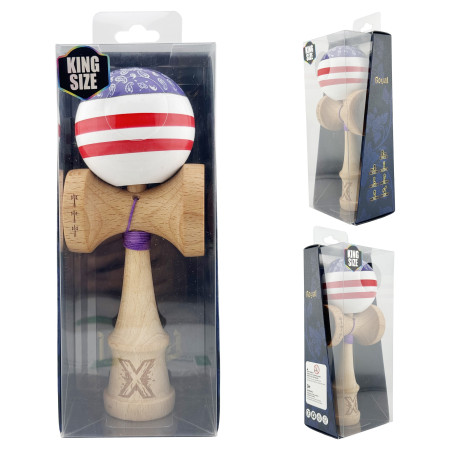 Kendama X CHICANOS Originala, Profesionala, Cyrax, Big Cups V2, Super Sticky cu Cupe Mari, Rulment Metalic, din lemn 18 cm, Ata 55 cm, Violet/Alb