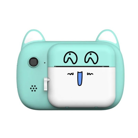 Camera Instantanee pentru Copii, Cyrax, Camera Frontala + Selfie, cu Functie de Printare, Cablu USB-C, Bluetooth, Compatibil iOS/Android, Imprimare APP, Model Pisica Smiley Face, Verde