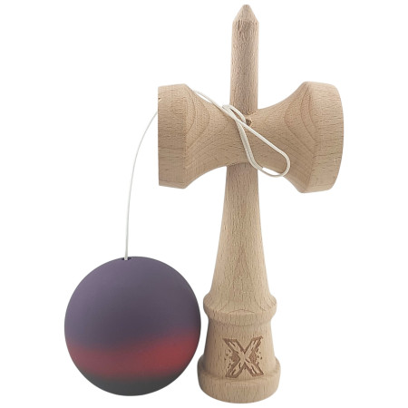 Kendama X Originala, Profesionala, Cyrax, din Lemn, Rubber Grip, 18 cm, Mov/Rosu/Negru