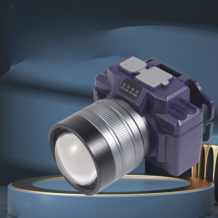 Lanterna LED de Montat pe Cap,  cu Raza Lunga de Zoom, Far Telescopic, Reglabil, Rezistent la Apa, pentru Pescuit in Aer Liber, Camping, Lumina Puternica, Lanterna, 7.5x5x7 cm, Albastru