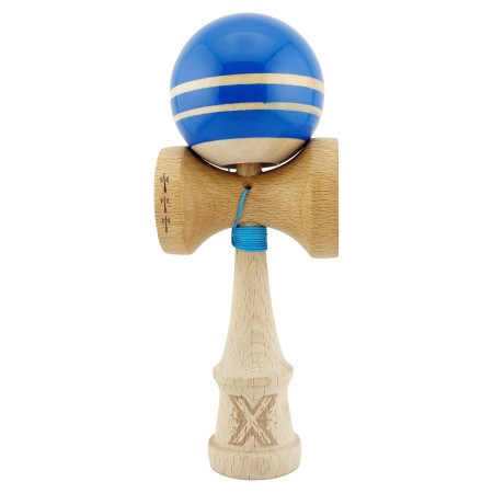 Kendama X Rainbow Originala, Profesionala, Cyrax, Big Cups V2, Super Sticky cu Cupe Mari, Rulment Metalic, din lemn 18 cm, Ata 55 cm, Albastru/Maro