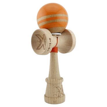 Kendama X Originala RAINBOW, Profesionala, Cyrax, Cupe Mari KING SIZE V3, Super Sticky, Gaura in Baza, Rulment Metalic, din lemn 18 cm, Ata 55 cm, Portocaliu/Maro