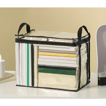 Cutie de Depozitare,  din PVC + Textil, Rezistenta la Apa, Geanta pentru Carti, 38x24x32 cm, Transparent-Negru