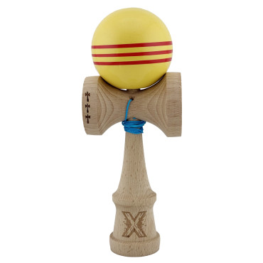 Kendama X Originala, Profesionala, Cyrax, Big Cups V2, Super Sticky Legendary Cupe Mari, Rulment Metalic cu Ata 55 cm, Galben/Linii Rosii