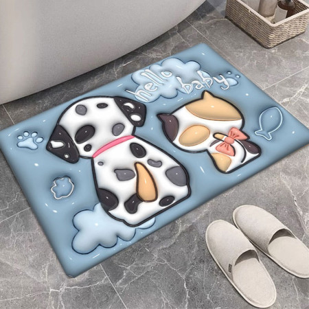 Covor de Baie,  3D, din Spuma, Antialunecare, Absorbant, 40 x 60 cm, Model Catel si Pisica, Multicolor