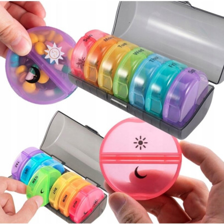 Cutie Depozitare Medicamente,  7 Zile, 14 Compartimente, Cutie Suport, Recipiente Detasabile, Portabila, Recipiente Colorate, Suport Negru, 17.5x11x9.5 cm