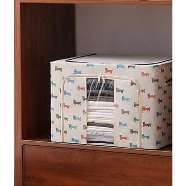 Cutie de Depozitare Pliabila,  24 L, Panza Oxford, 40x30x20 cm, Fereastra Frontala, 2 Usi de Acces cu Fermoar Bidirectional, Cadru Metalic, Suport Baza Stabil din Plastic, Imprimeu Catelus, Bej