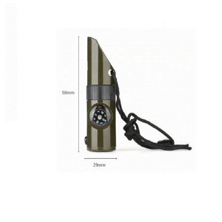 Kit supravieturie  Fluier multifunctional 7 in 1, pentru drumetii, hiking, lupa, fluier, termometru, depozitare pastile, busola, din material ABS, cu snur,  9,7 x 2,8 cm, verde