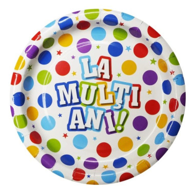 Set 10 Farfurii Unica Folosinta, Cyrax, Imprimeu La Multi Ani, din Carton, Diametru 17 cm, Multicolor