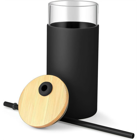 Set 2 Pahare din Sticla Termoizolante Transparente, Cyrax, Capace si Paie Incluse, 500 mL, Silicon Negru si Crem