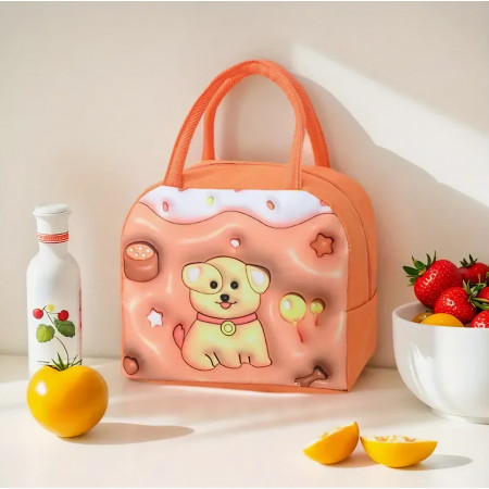 Geantă Frigorifică, Cyrax, cu Desene Animate 3D, Portabilă pentru Copii, de Prânz, din Pânză Oxford, 23x13x19 cm, Model Catelus, Maro