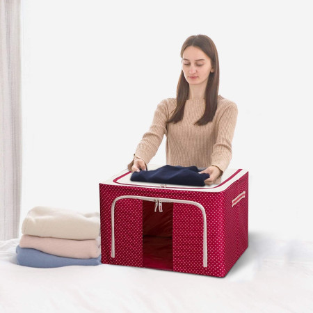 Cutie de Depozitare Pliabila,  66 L, din Tesatura Oxford, 50x40x33 cm, Fereastra Frontala, 2 Usi de Acces cu Fermoar Bidirectional, Cadru Metalic, Suport Baza Stabil din Plastic, Imprimeu Buline, Rosu