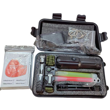 Kit supravietuire multifunctional,  Instrumente profesionale, Tip Valiza, pentru Camping, Drumetii, Aventuri in aer liber, 130x210 cm, Negru