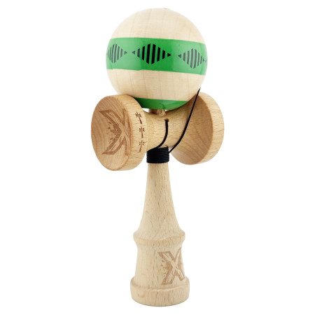 Kendama X FREQUENCY Originala, Profesionala, Cyrax, Big Cups V2, Super Sticky cu Cupe Mari, Rulment Metalic, din lemn 18 cm, Ata 55 cm, Verde/Maro