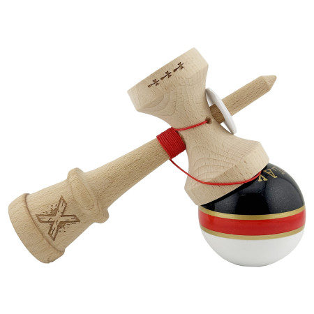 Kendama X Originala ROYAL SPIKE, Profesionala, Cyrax, Cupe Mari KING SIZE V3, Super Sticky, Gaura in Baza, Rulment Metalic, din lemn 18 cm, Ata 55 cm, Inel Rosu