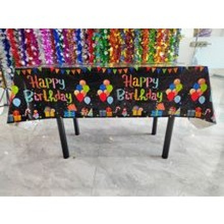 Fata de Masa, Cyrax, din Folie, Imprimeu Happy Birthday cu Baloane, 137 x 183 cm, Negru