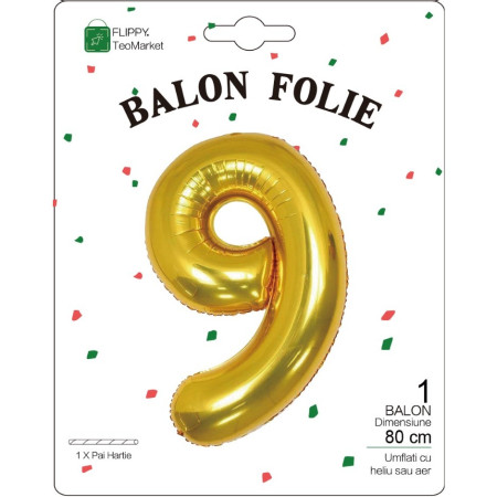 Balon din Folie Metalizata Cyrax, Figurina Cifra, Tema Aniversare 80 cm, Ambalaj Individual, Pai inclus, Umflare cu Aer sau Heliu, Auriu, Cifra 9