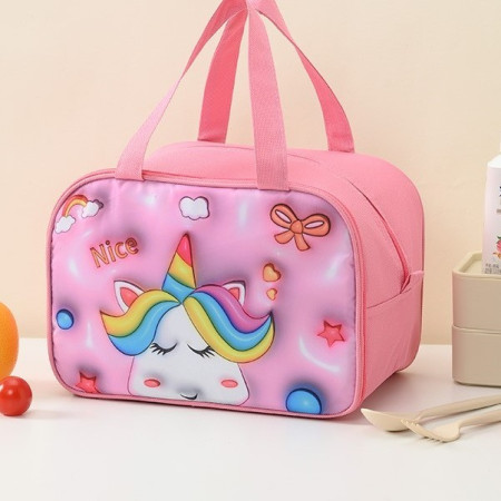 Geantă Frigorifică, Cyrax, cu Desene Animat 3D, Portabilă pentru Copii, de Prânz, din Pânză Oxford, 27.5x18x20 cm, Model Unicorn, Roz