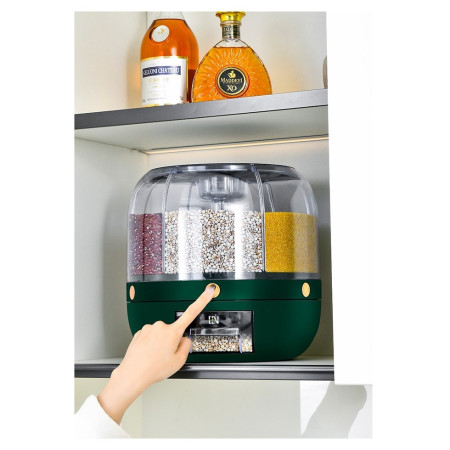 Dozator de cereale Cyrax, rotativ 360, 6 compartimente, capacitate 3 L, rezistent la umezeala, inchidere etansa, verde inchis