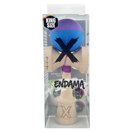 Kendama X Originala, Profesionala, Cyrax, Rubber Grip, Cupe Mari KING SIZE V3, Gaura in Baza, Rulment Metalic, din lemn 18 cm, Ata 62/65 cm, Bicolor Mov/Albastru