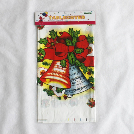 Fata de masa dreptunghiulara  PVC, 2.5 mm grosime, imprimeu clopotei, potrivit pentru Craciun, utilizare multipla, 180 x 108 cm, alb