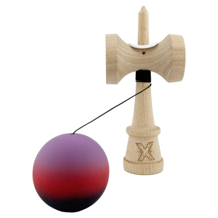 Kendama X Originala, Profesionala, Cyrax, Cupe Mari KING SIZE V3, Rubber Grip, Gaura in Baza, Rulment Metalic, din lemn 18 cm, Ata 62/65 cm, Gradient Mov/Rosu/Negru