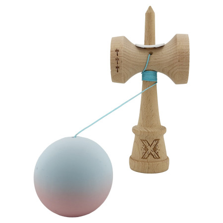 Kendama X Originala, Profesionala, Cyrax, Cupe Mari KING SIZE V3, Rubber Grip, Gaura in Baza, Rulment Metalic, din lemn 18 cm, Ata 62/65 cm, Gradient Albastru deschis/Roz