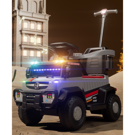 Masinuta Electrica, Cyrax, pe 4 Roti, cu Telecomanda si Maner Detasabil, Cos de Depozitare, Lumini Led si Muzica, +1 an, Greutate Portanta 40 kg, Gri