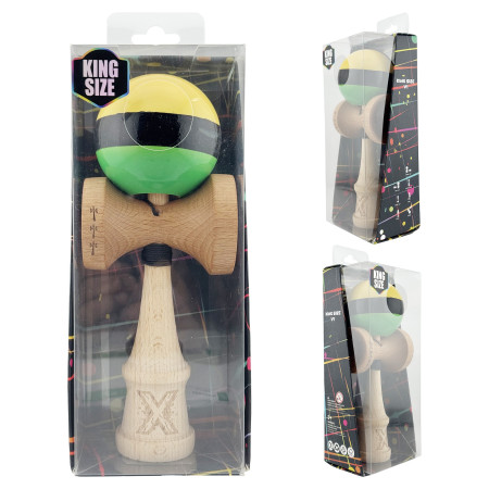 Kendama X Originala, Profesionala, Cyrax, Big Cups V2, Super Sticky cu Cupe Mari, Rulment Metalic, din lemn 18 cm, Ata 55 cm, Galben/Negru/Verde