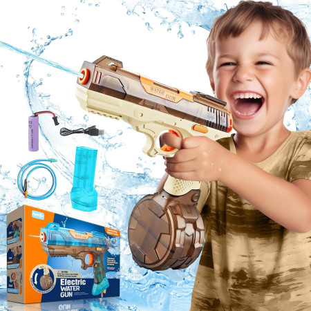 Pistol cu Apa Electric, Cyrax, 2 Rezervoare 75/350 ml, din ABS+Silicon, Baterie, Incarcare USB, Conectare la Furtun, +6 Ani, Maro