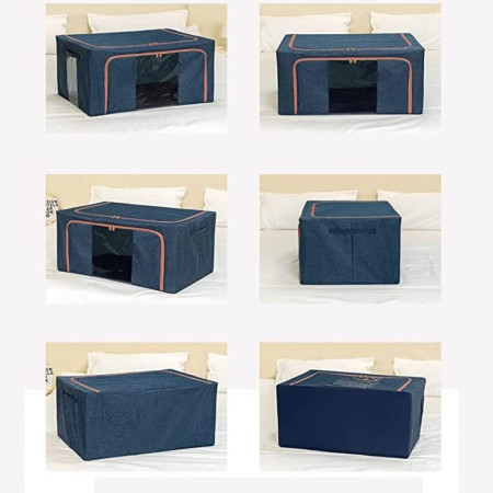 Cutie de Depozitare Pliabila,  Cu Fermoar, 24 L, Textil, 40x30x20 cm, Cadru Metalic, Suport Baza Stabil din Plastic, Albastru Marin cu Doua Ferestre