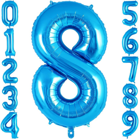 Balon din Folie Metalizata Cyrax, Figurina Cifra, Tema Aniversare 40 cm, Ambalaj Individual, Pai inclus, Umflare cu Aer sau Heliu, Albastru, Cifra 8