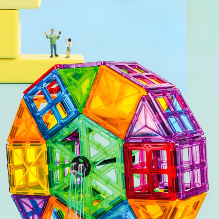 Set 60 de Piese Magnetice de Constructie, Cyrax, Magnetic Tiles, Piese Mari, Forme Geometrice, 3 Ani, ABS, Magnet, 20.5 x 14.5 x 12 cm, Multicolor