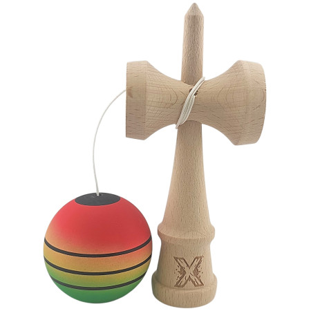 Kendama X Originala, Profesionala, Cyrax, din Lemn, Rubber Grip, 18 cm, Rosu/Galben/Verde