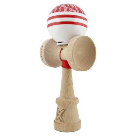 Kendama X Originala CHICANOS, Profesionala, Cyrax, Cupe Mari KING SIZE V3, Super Sticky, Gaura in Baza, Rulment Metalic, din lemn 18 cm, Ata 55 cm, Rosu/Alb