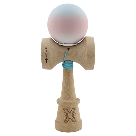 Kendama X Originala, Profesionala, Cyrax, Cupe Mari KING SIZE V3, Rubber Grip, Gaura in Baza, Rulment Metalic, din lemn 18 cm, Ata 62/65 cm, Gradient Albastru deschis/Roz/Alb