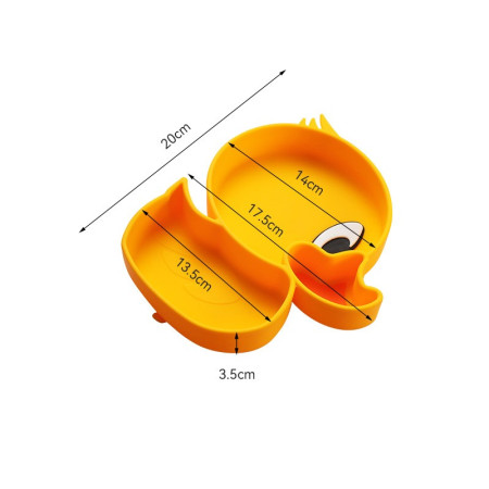 Set diversificare bebelusi Cyrax, din silicon, 20 x 17.5 cm, 1 farfurie compartimentata in forma de rata, lingurita si furculita, pai, perie pai, fara alergeni, ventuza fixare,  forma creativa,  galben