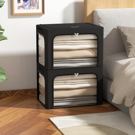 Cutie de Depozitare,  cu 3 Ferestre cu Fermoar Bidirectional, Cadru din Otel, Impermeabil, 38L, 42 x 30 x 30 cm, Negru