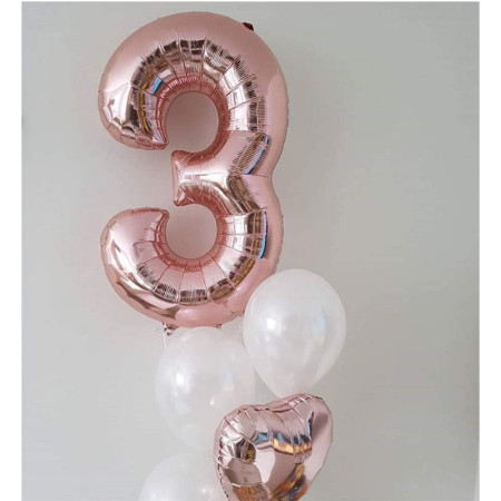 Balon din Folie Metalizata Cyrax, Figurina Cifra, Tema Aniversare 80 cm, Ambalaj Individual, Pai inclus, Umflare cu Aer sau Heliu, Rose Gold, Cifra 3