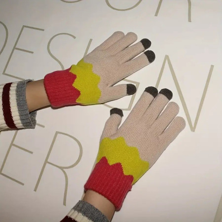 Manusi de Dama,  Model Ondulat, Functie Touchscreen (ecran tactil), Material Acril Tricotat, Manseta Elastica, Interior Catifelat, Marime Universala, Galben/Roz