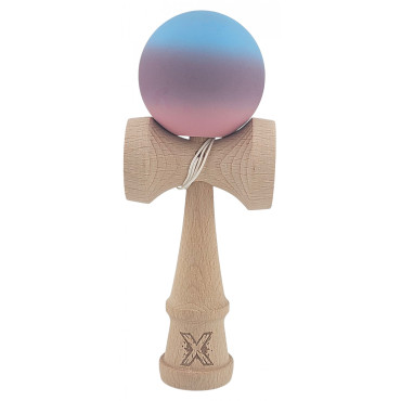 Kendama X Originala, Profesionala, Cyrax, din Lemn, Rubber Grip, 18 cm, Roz/Mov/Albastru